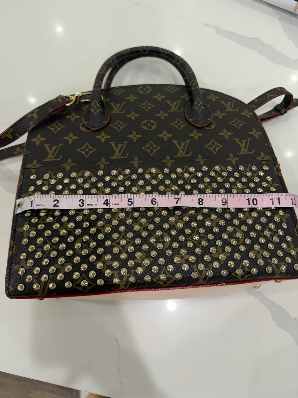 Monogram Studded Brown Satchel with Gold Accents inspired - Picture 11 of 14